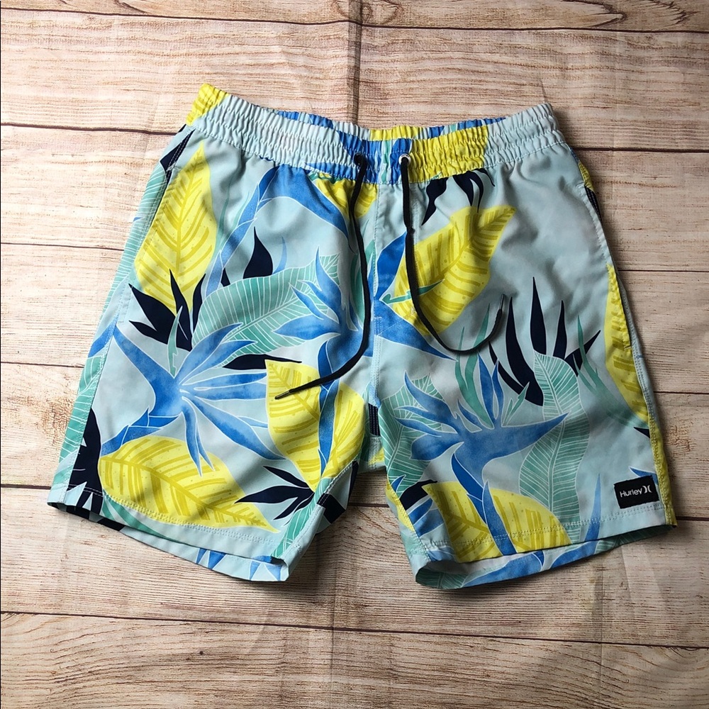 Hurley Blue Yellow Tropical Print‎ Swim Board Shorts